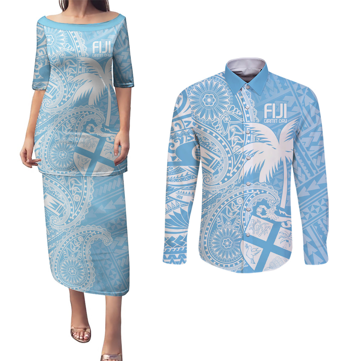 Custom Indo Fijians Couples Matching Puletasi and Long Sleeve Button Shirt Fiji ke Hindustani Polyneisan Paisley Blue Style