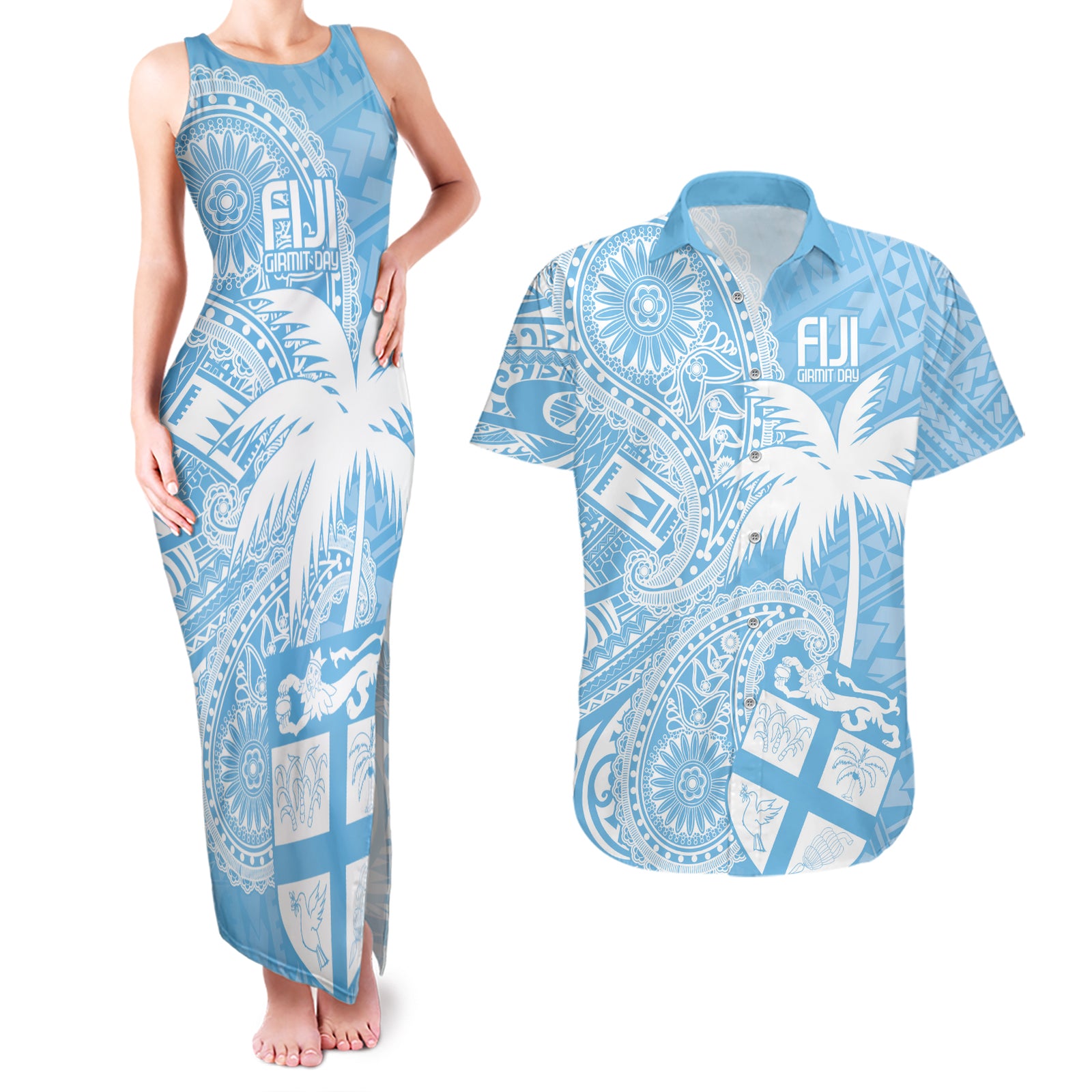 Custom Indo Fijians Couples Matching Tank Maxi Dress and Hawaiian Shirt Fiji ke Hindustani Polyneisan Paisley Blue Style LT9 Blue - Polynesian Pride