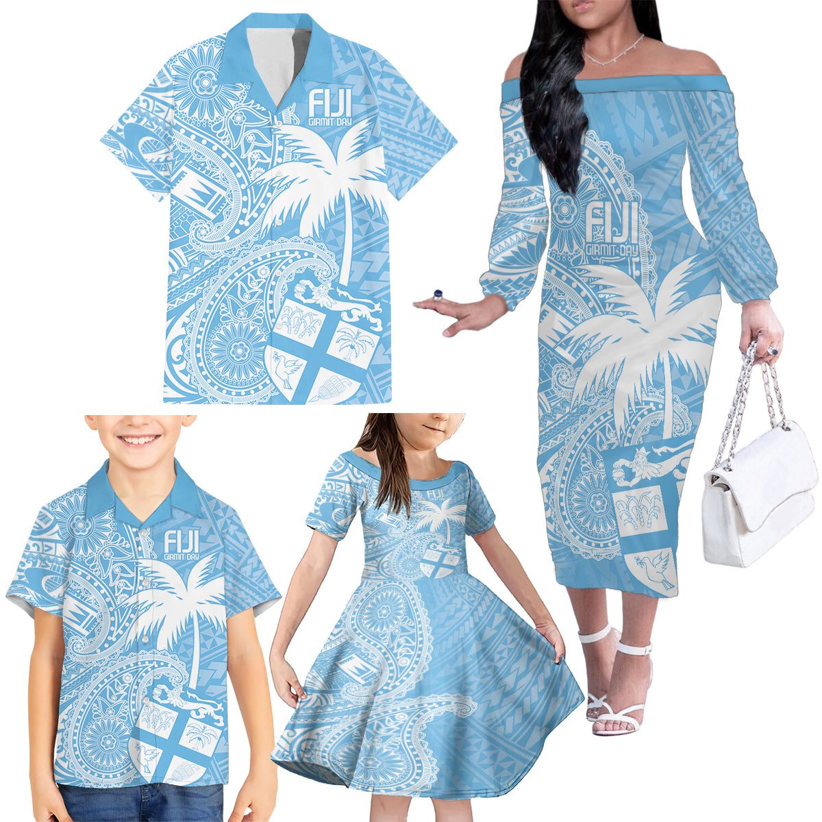 Custom Indo Fijians Family Matching Off The Shoulder Long Sleeve Dress and Hawaiian Shirt Fiji ke Hindustani Polyneisan Paisley Blue Style LT9 - Polynesian Pride