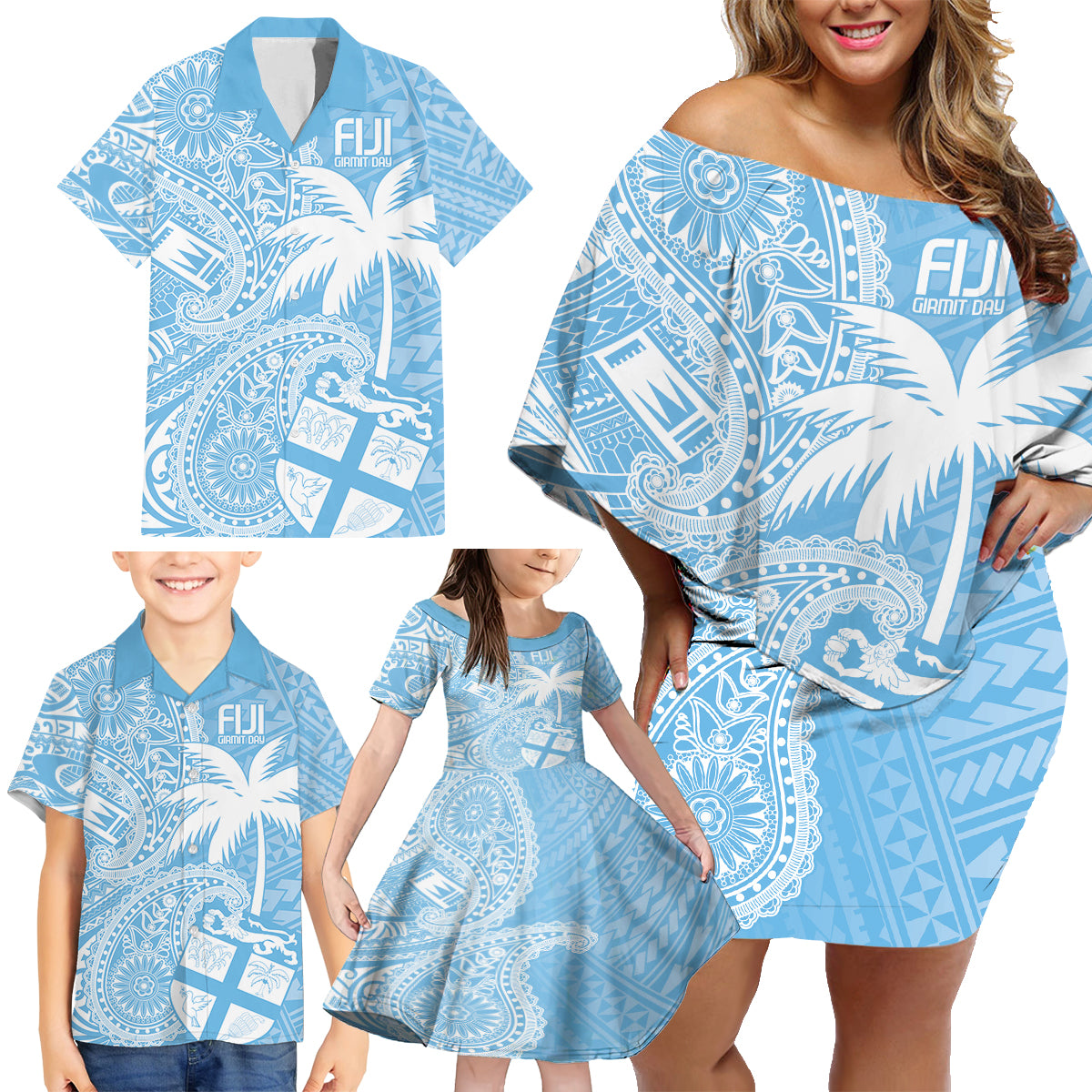 Custom Indo Fijians Family Matching Off Shoulder Short Dress and Hawaiian Shirt Fiji ke Hindustani Polyneisan Paisley Blue Style LT9 - Polynesian Pride