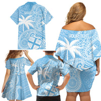 Custom Indo Fijians Family Matching Off Shoulder Short Dress and Hawaiian Shirt Fiji ke Hindustani Polyneisan Paisley Blue Style