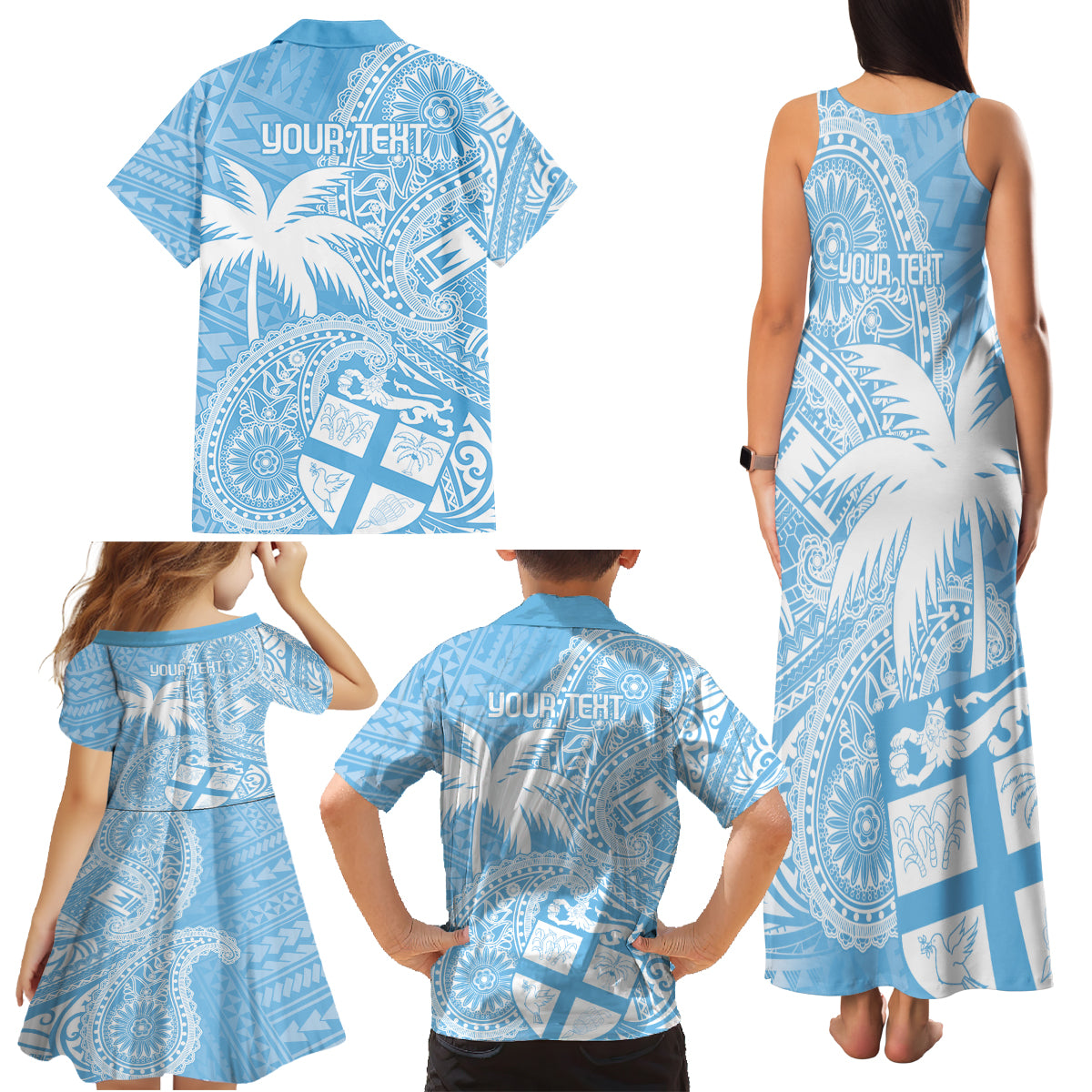 Custom Indo Fijians Family Matching Tank Maxi Dress and Hawaiian Shirt Fiji ke Hindustani Polyneisan Paisley Blue Style