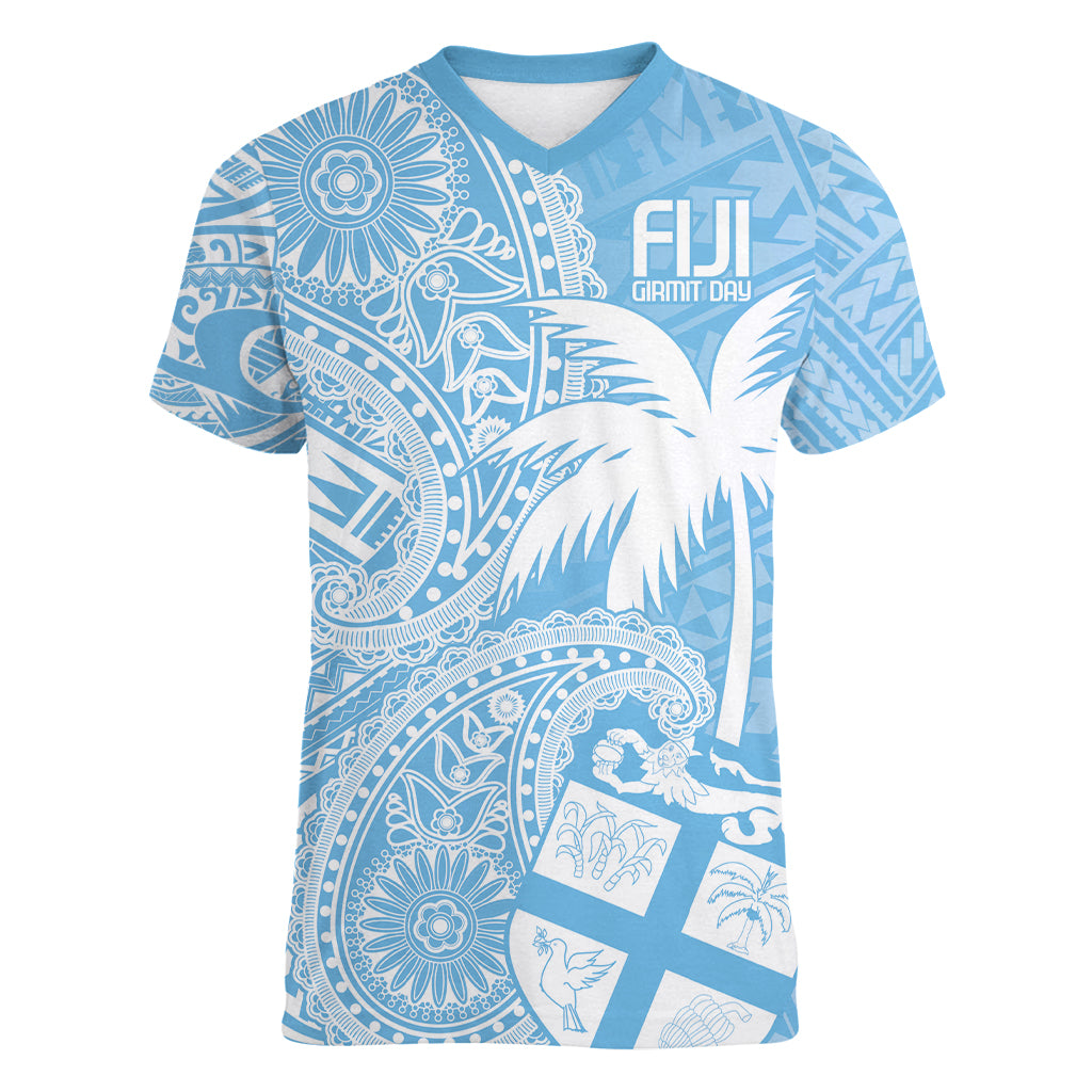 Custom Indo Fijians Women V-Neck T-Shirt Fiji ke Hindustani Polyneisan Paisley Blue Style