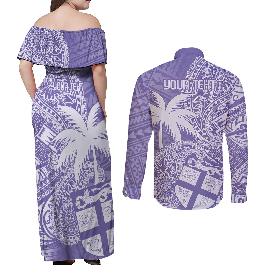 Custom Indo Fijians Couples Matching Off Shoulder Maxi Dress and Long Sleeve Button Shirt Fiji ke Hindustani Polyneisan Paisley Purple Style