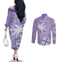 Custom Indo Fijians Couples Matching Off The Shoulder Long Sleeve Dress and Long Sleeve Button Shirt Fiji ke Hindustani Polyneisan Paisley Purple Style