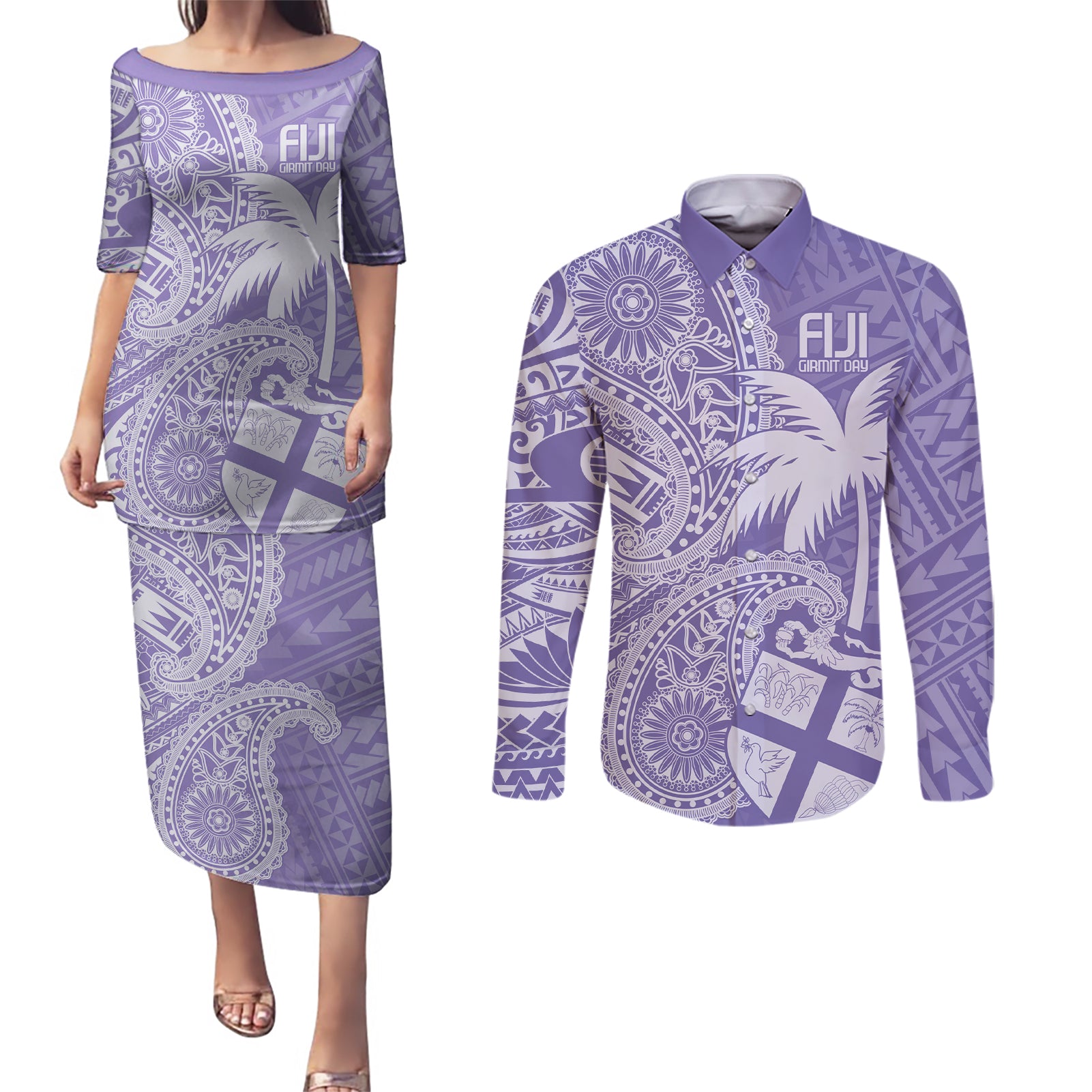 Custom Indo Fijians Couples Matching Puletasi and Long Sleeve Button Shirt Fiji ke Hindustani Polyneisan Paisley Purple Style
