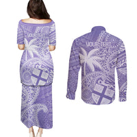 Custom Indo Fijians Couples Matching Puletasi and Long Sleeve Button Shirt Fiji ke Hindustani Polyneisan Paisley Purple Style