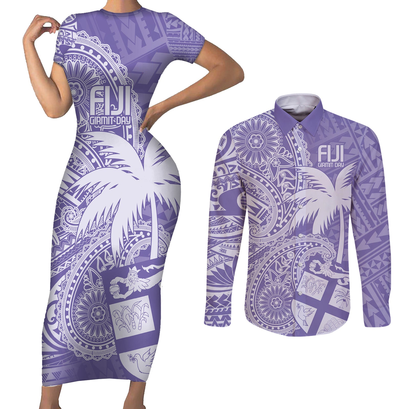 Custom Indo Fijians Couples Matching Short Sleeve Bodycon Dress and Long Sleeve Button Shirt Fiji ke Hindustani Polyneisan Paisley Purple Style LT9 Purple - Polynesian Pride