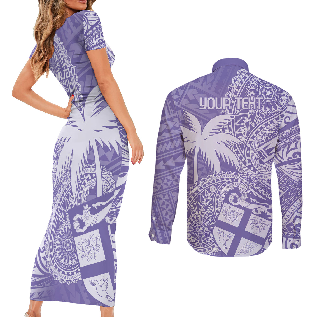 Custom Indo Fijians Couples Matching Short Sleeve Bodycon Dress and Long Sleeve Button Shirt Fiji ke Hindustani Polyneisan Paisley Purple Style