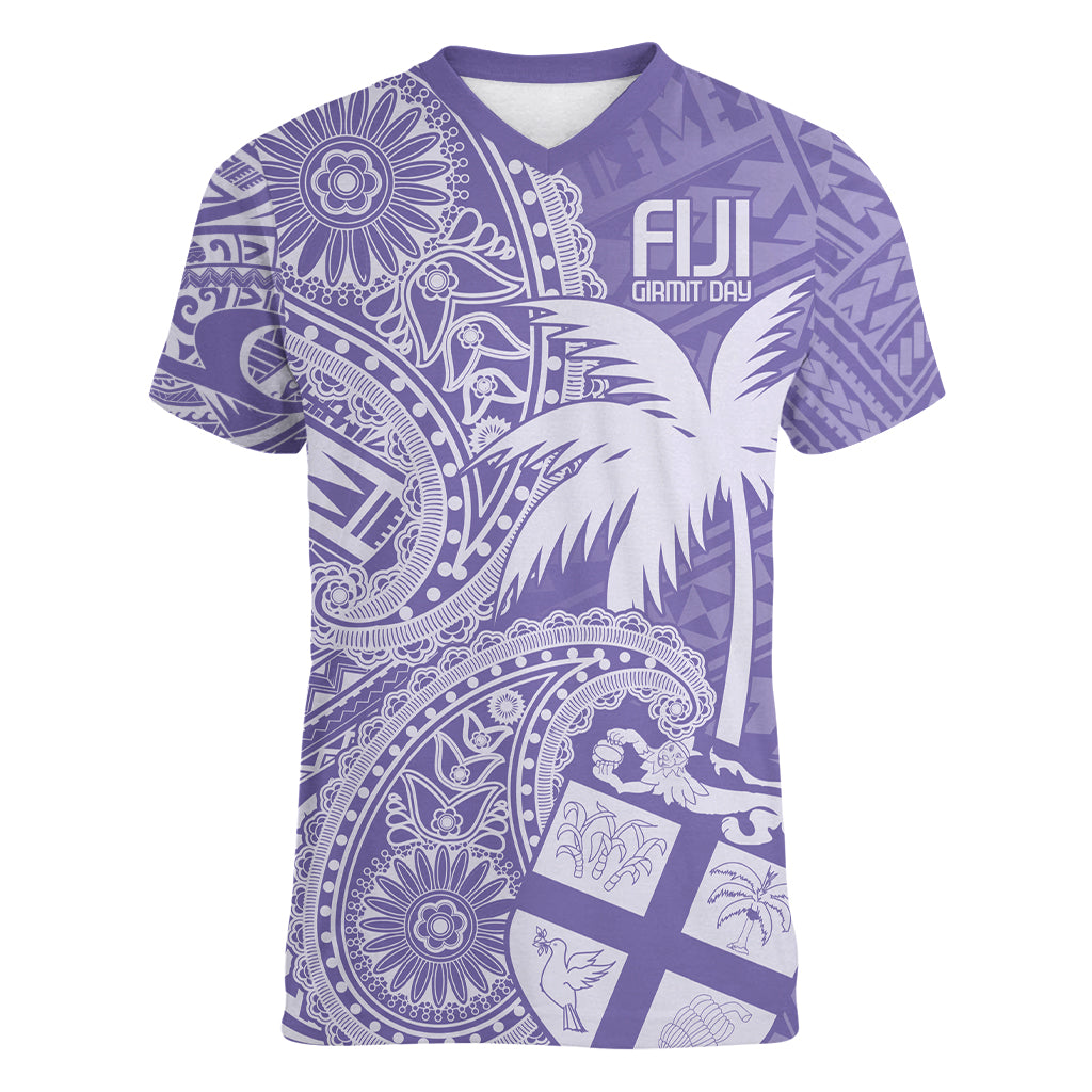 Custom Indo Fijians Women V-Neck T-Shirt Fiji ke Hindustani Polyneisan Paisley Purple Style