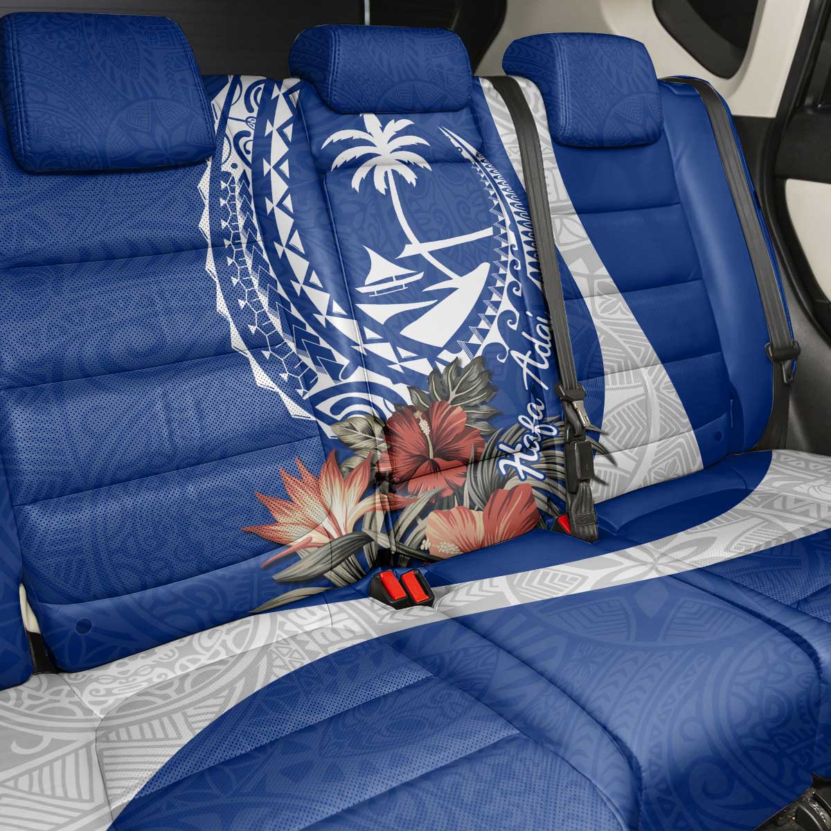 Blue Guam Hafa Adai Back Car Seat Cover Tropical Flowers with Polynesian Pattern