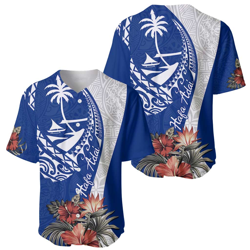 Blue Guam Hafa Adai Baseball Jersey Tropical Flowers with Polynesian Pattern