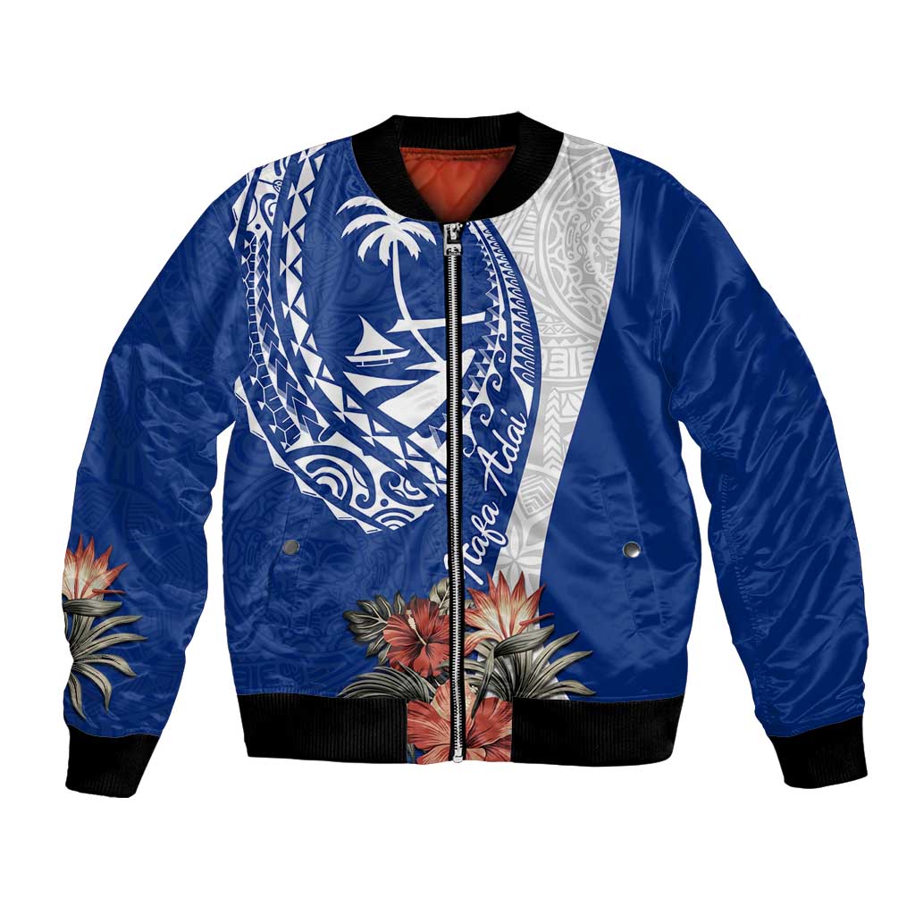 Blue Guam Hafa Adai Bomber Jacket Tropical Flowers with Polynesian Pattern
