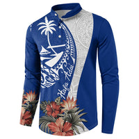 Blue Guam Hafa Adai Button Sweatshirt Tropical Flowers with Polynesian Pattern