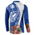Blue Guam Hafa Adai Button Sweatshirt Tropical Flowers with Polynesian Pattern