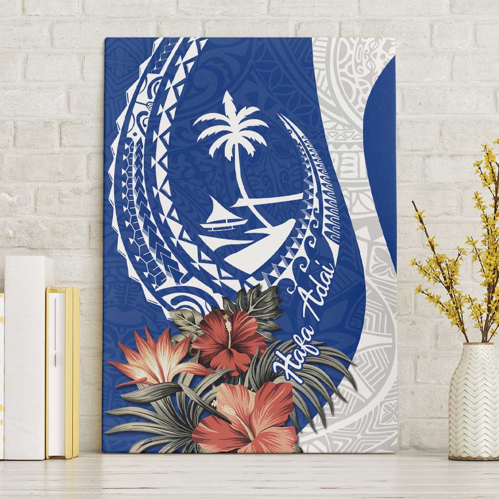 Blue Guam Hafa Adai Canvas Wall Art Tropical Flowers with Polynesian Pattern