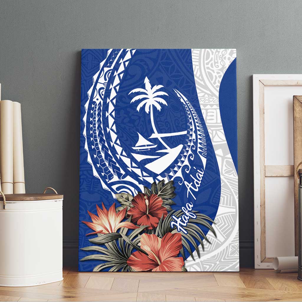Blue Guam Hafa Adai Canvas Wall Art Tropical Flowers with Polynesian Pattern