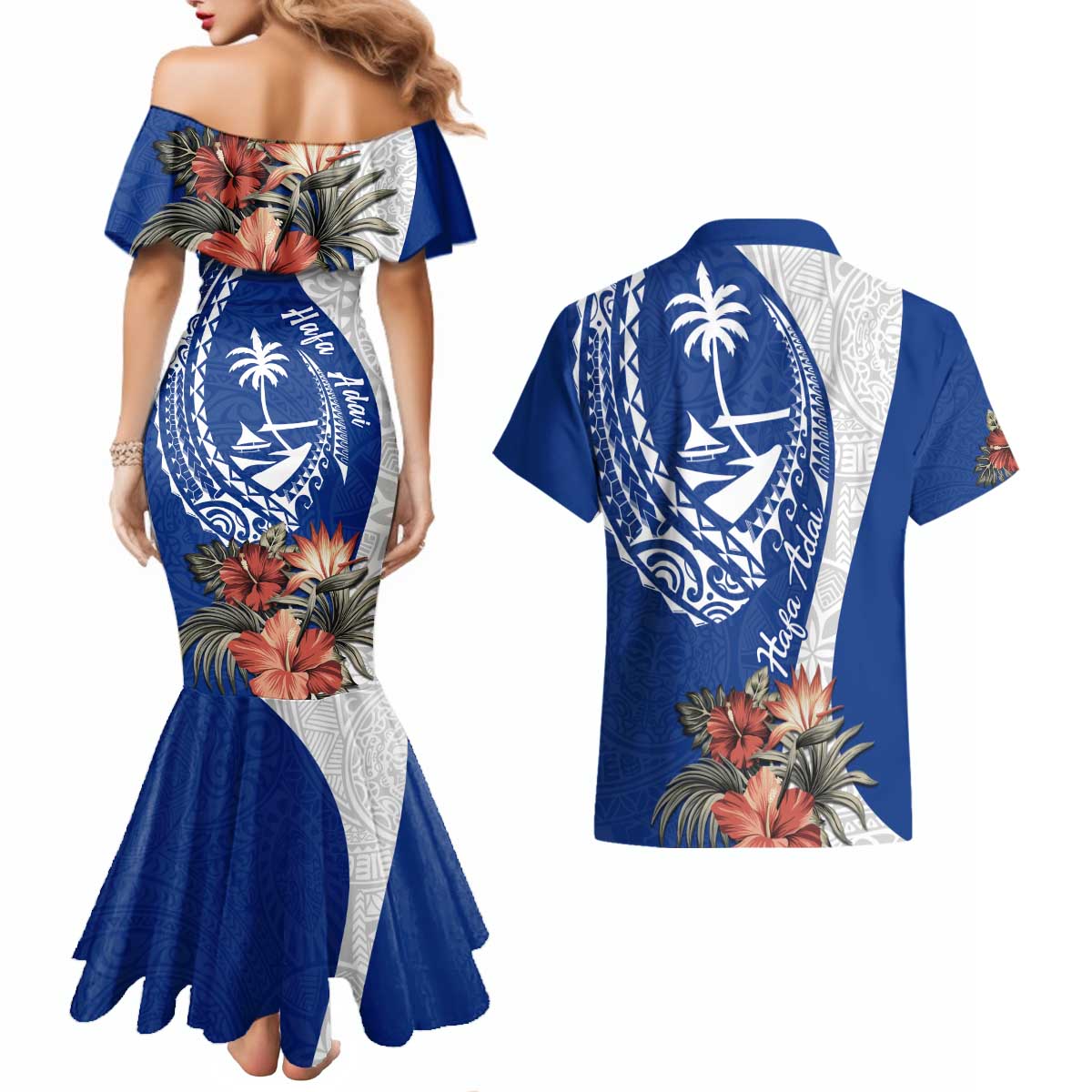 Blue Guam Hafa Adai Couples Matching Mermaid Dress and Hawaiian Shirt Tropical Flowers with Polynesian Pattern LT9 - Polynesian Pride