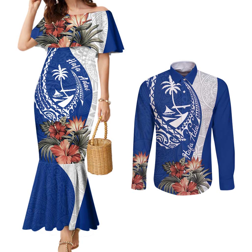 Blue Guam Hafa Adai Couples Matching Mermaid Dress and Long Sleeve Button Shirt Tropical Flowers with Polynesian Pattern