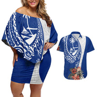 Blue Guam Hafa Adai Couples Matching Off Shoulder Short Dress and Hawaiian Shirt Tropical Flowers with Polynesian Pattern