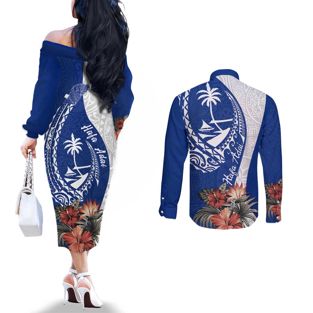 Blue Guam Hafa Adai Couples Matching Off The Shoulder Long Sleeve Dress and Long Sleeve Button Shirt Tropical Flowers with Polynesian Pattern