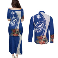 Blue Guam Hafa Adai Couples Matching Puletasi and Long Sleeve Button Shirt Tropical Flowers with Polynesian Pattern
