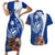 Blue Guam Hafa Adai Couples Matching Short Sleeve Bodycon Dress and Hawaiian Shirt Tropical Flowers with Polynesian Pattern