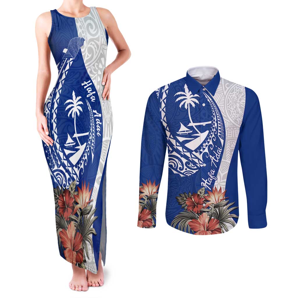 Blue Guam Hafa Adai Couples Matching Tank Maxi Dress and Long Sleeve Button Shirt Tropical Flowers with Polynesian Pattern