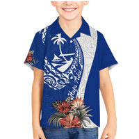 Blue Guam Hafa Adai Family Matching Mermaid Dress and Hawaiian Shirt Tropical Flowers with Polynesian Pattern