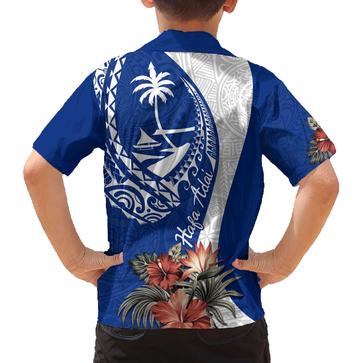 Blue Guam Hafa Adai Family Matching Off The Shoulder Long Sleeve Dress and Hawaiian Shirt Tropical Flowers with Polynesian Pattern