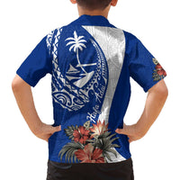 Blue Guam Hafa Adai Family Matching Off The Shoulder Long Sleeve Dress and Hawaiian Shirt Tropical Flowers with Polynesian Pattern