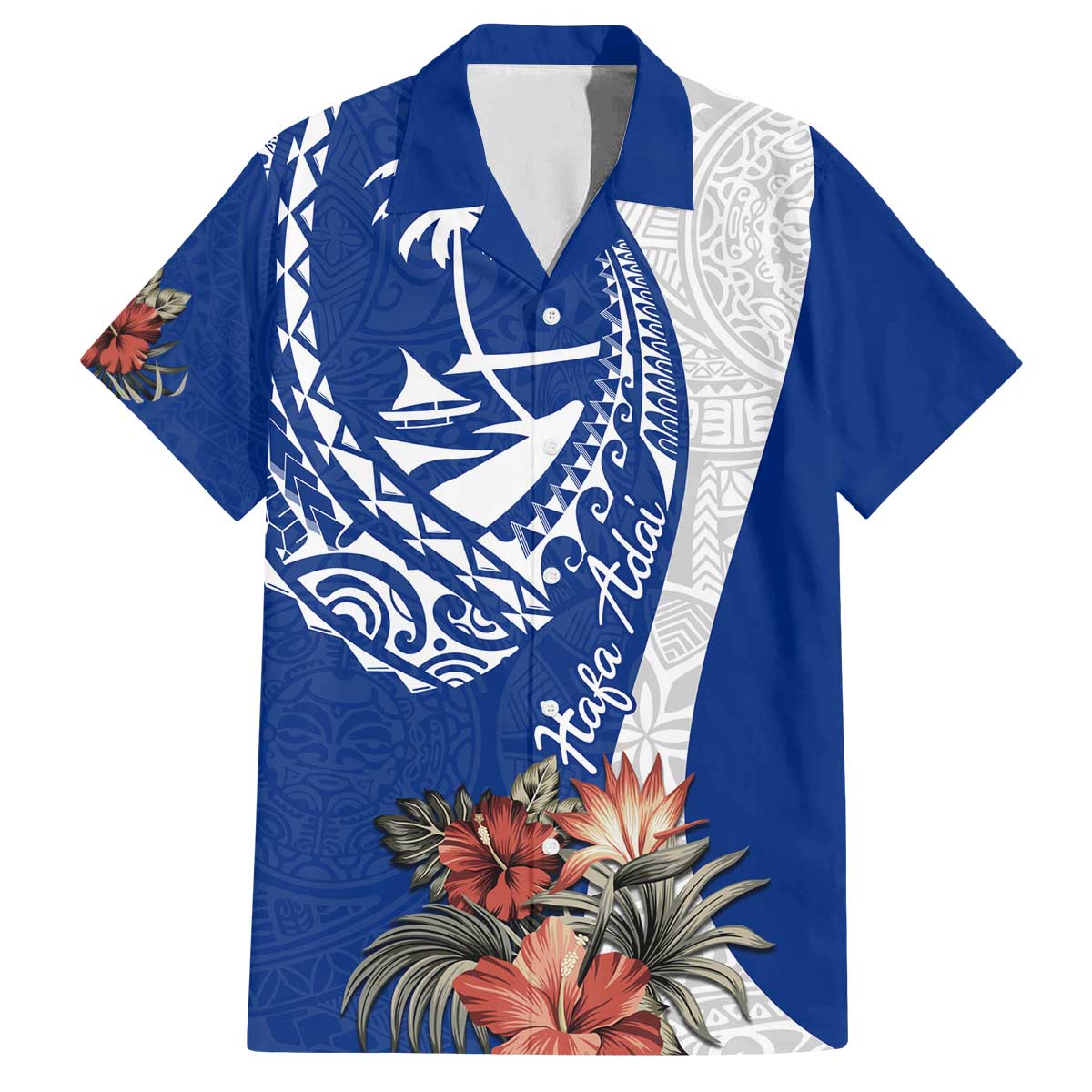 Blue Guam Hafa Adai Family Matching Off The Shoulder Long Sleeve Dress and Hawaiian Shirt Tropical Flowers with Polynesian Pattern