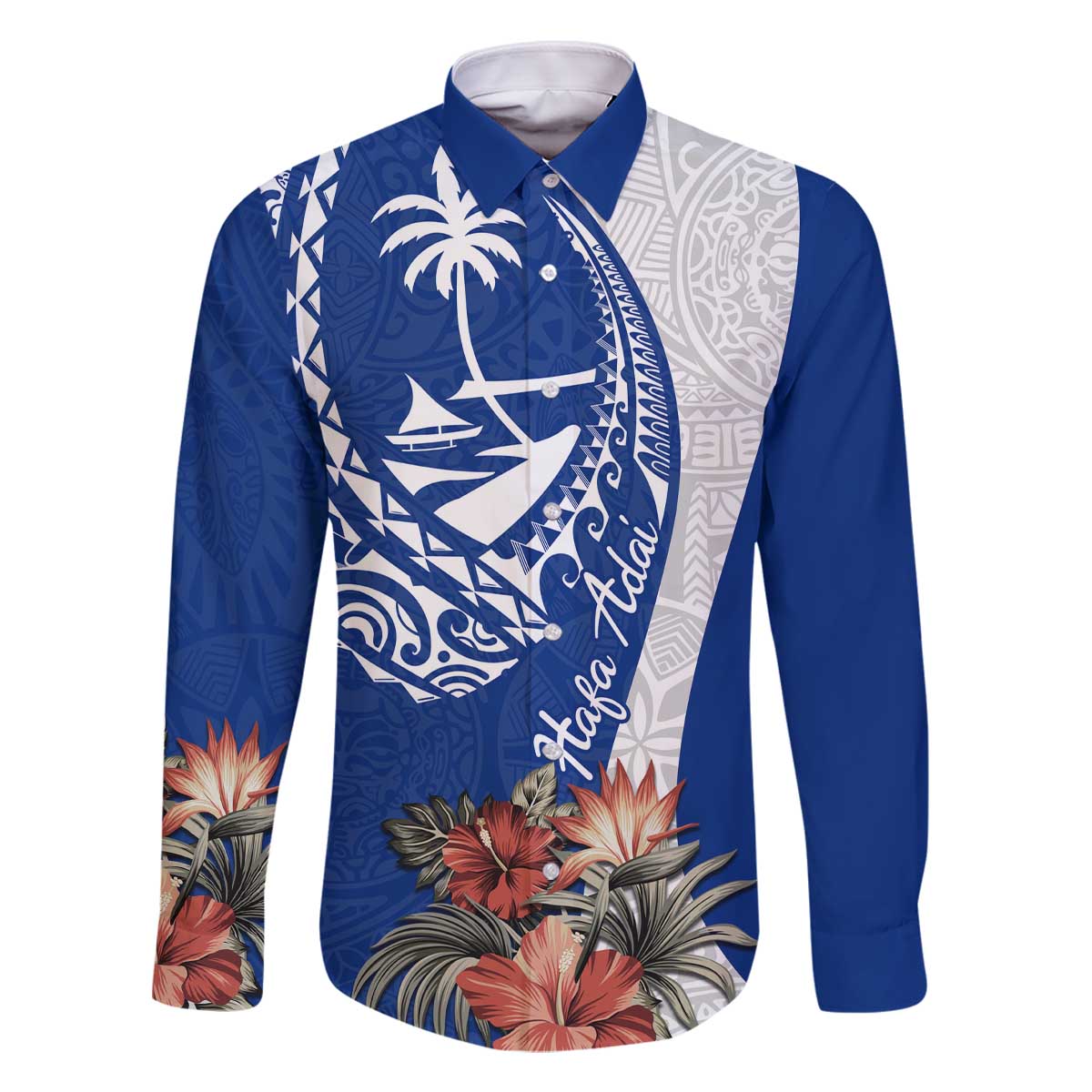 Blue Guam Hafa Adai Family Matching Off The Shoulder Long Sleeve Dress and Hawaiian Shirt Tropical Flowers with Polynesian Pattern