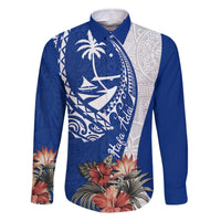 Blue Guam Hafa Adai Family Matching Off The Shoulder Long Sleeve Dress and Hawaiian Shirt Tropical Flowers with Polynesian Pattern
