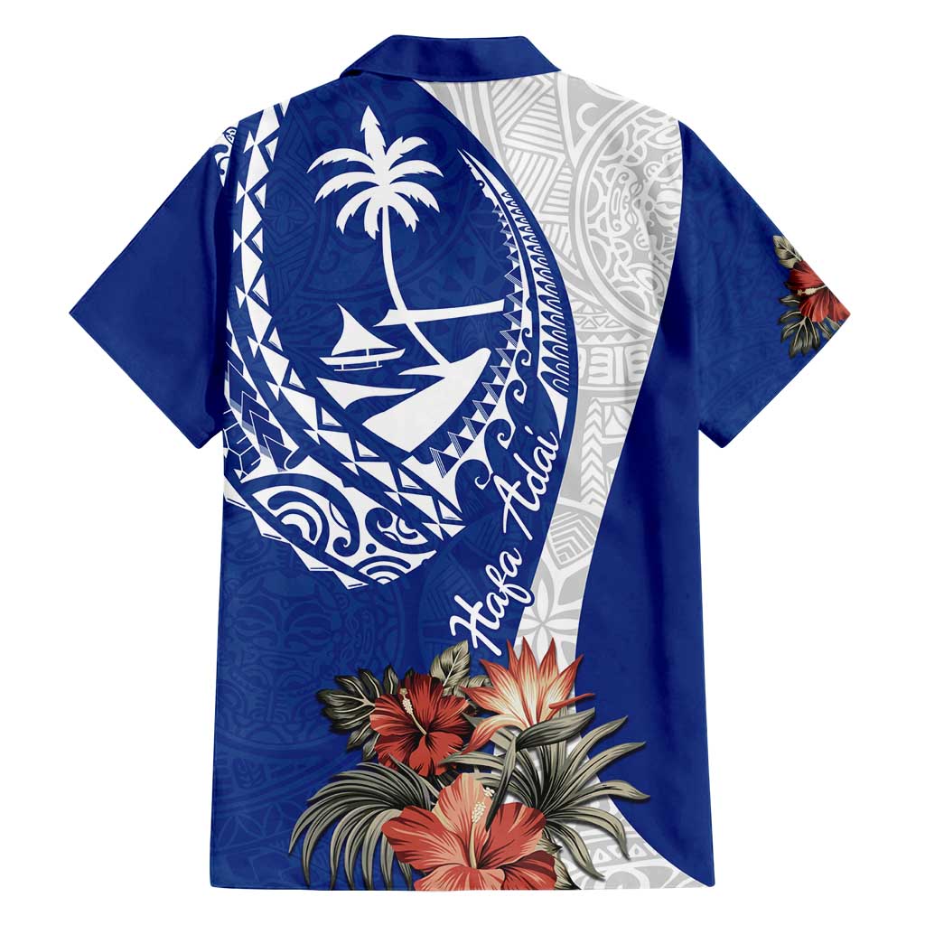 Blue Guam Hafa Adai Family Matching Off Shoulder Maxi Dress and Hawaiian Shirt Tropical Flowers with Polynesian Pattern