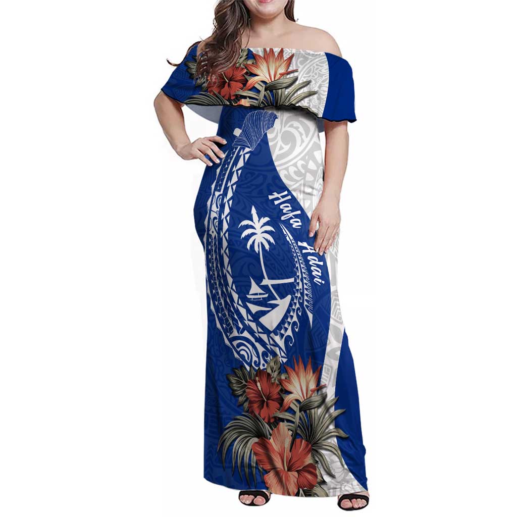 Blue Guam Hafa Adai Family Matching Off Shoulder Maxi Dress and Hawaiian Shirt Tropical Flowers with Polynesian Pattern