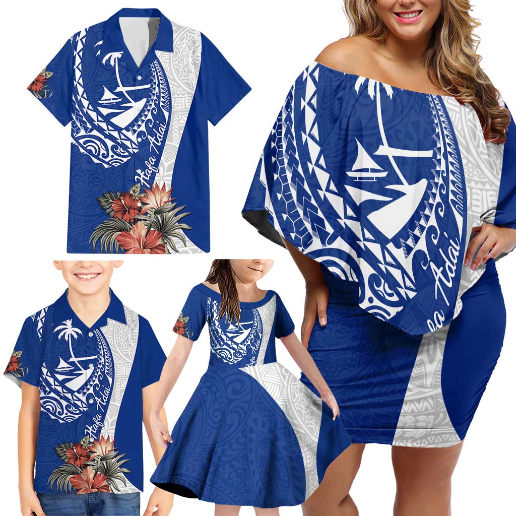 Blue Guam Hafa Adai Family Matching Off Shoulder Short Dress and Hawaiian Shirt Tropical Flowers with Polynesian Pattern