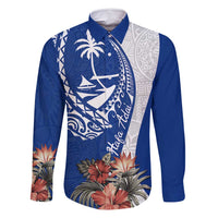 Blue Guam Hafa Adai Family Matching Off Shoulder Short Dress and Hawaiian Shirt Tropical Flowers with Polynesian Pattern