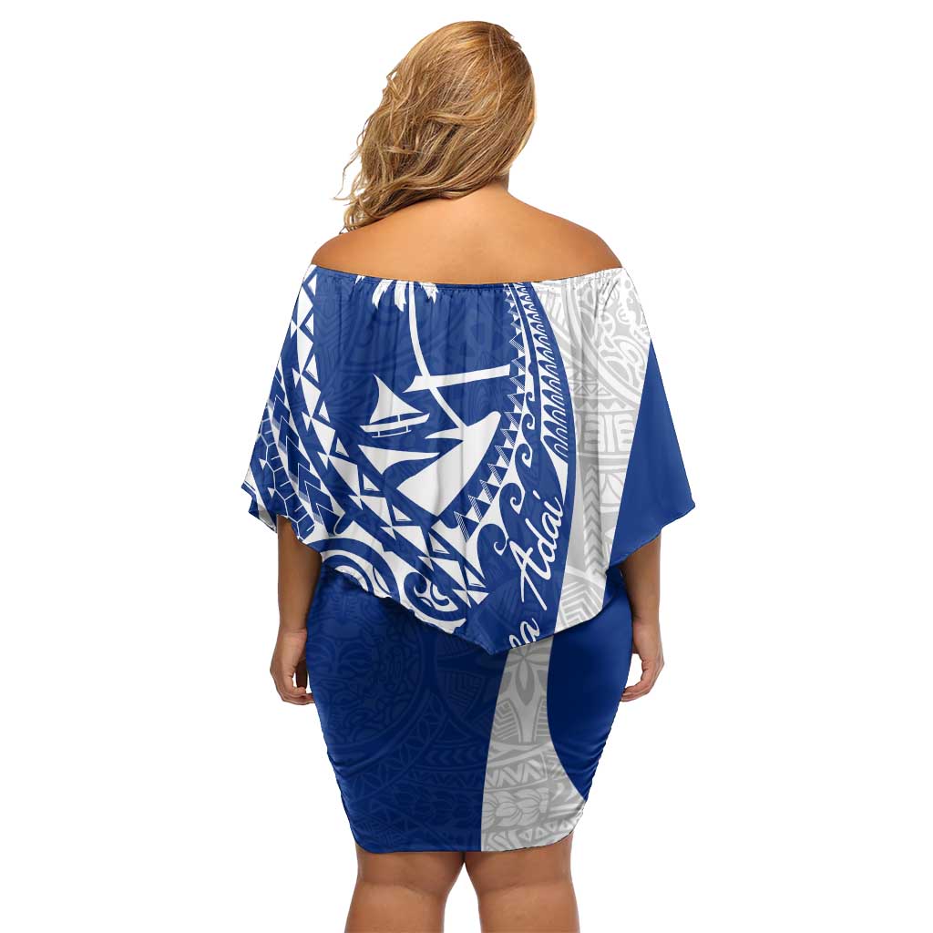 Blue Guam Hafa Adai Family Matching Off Shoulder Short Dress and Hawaiian Shirt Tropical Flowers with Polynesian Pattern