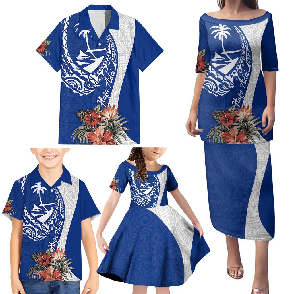 Blue Guam Hafa Adai Family Matching Puletasi and Hawaiian Shirt Tropical Flowers with Polynesian Pattern