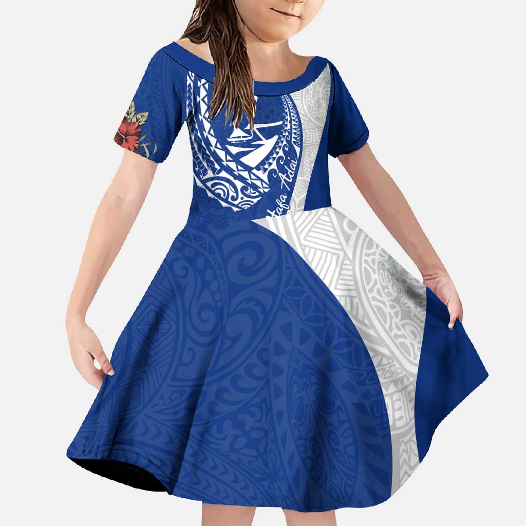 Blue Guam Hafa Adai Family Matching Short Sleeve Bodycon Dress and Hawaiian Shirt Tropical Flowers with Polynesian Pattern