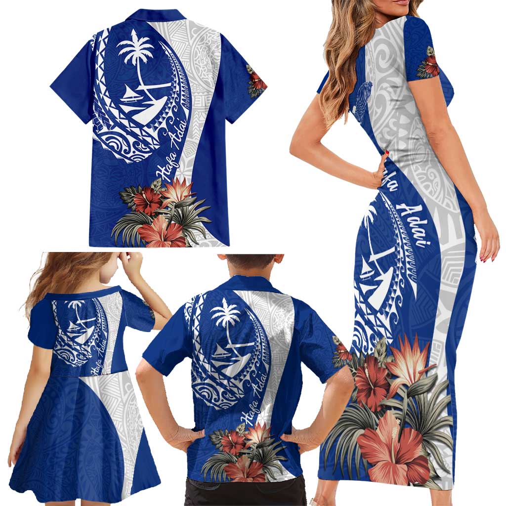 Blue Guam Hafa Adai Family Matching Short Sleeve Bodycon Dress and Hawaiian Shirt Tropical Flowers with Polynesian Pattern