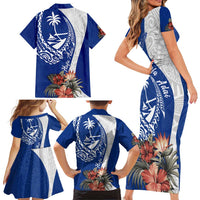 Blue Guam Hafa Adai Family Matching Short Sleeve Bodycon Dress and Hawaiian Shirt Tropical Flowers with Polynesian Pattern