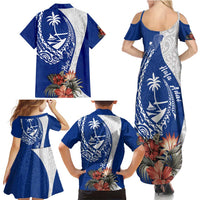 Blue Guam Hafa Adai Family Matching Summer Maxi Dress and Hawaiian Shirt Tropical Flowers with Polynesian Pattern