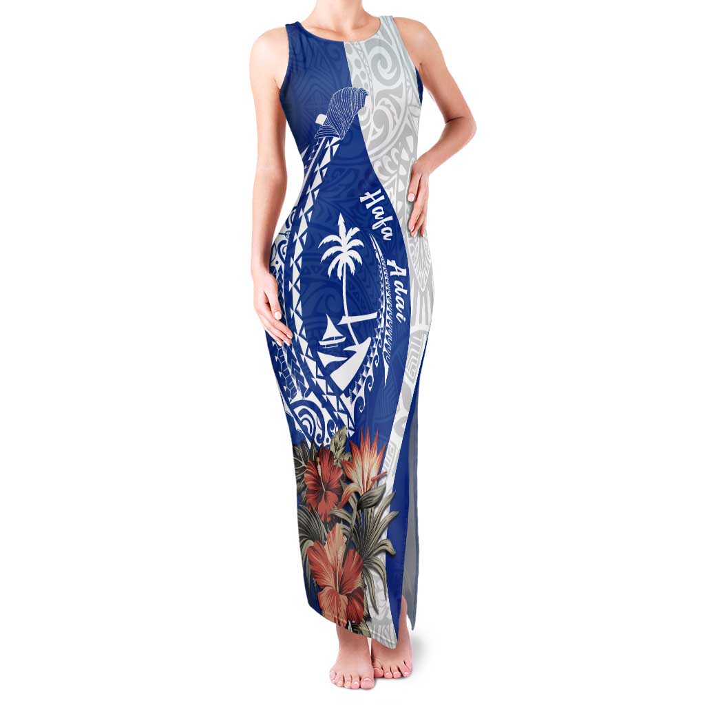 Blue Guam Hafa Adai Family Matching Tank Maxi Dress and Hawaiian Shirt Tropical Flowers with Polynesian Pattern