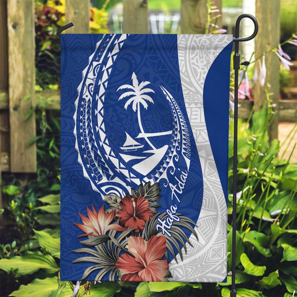 Blue Guam Hafa Adai Garden Flag Tropical Flowers with Polynesian Pattern