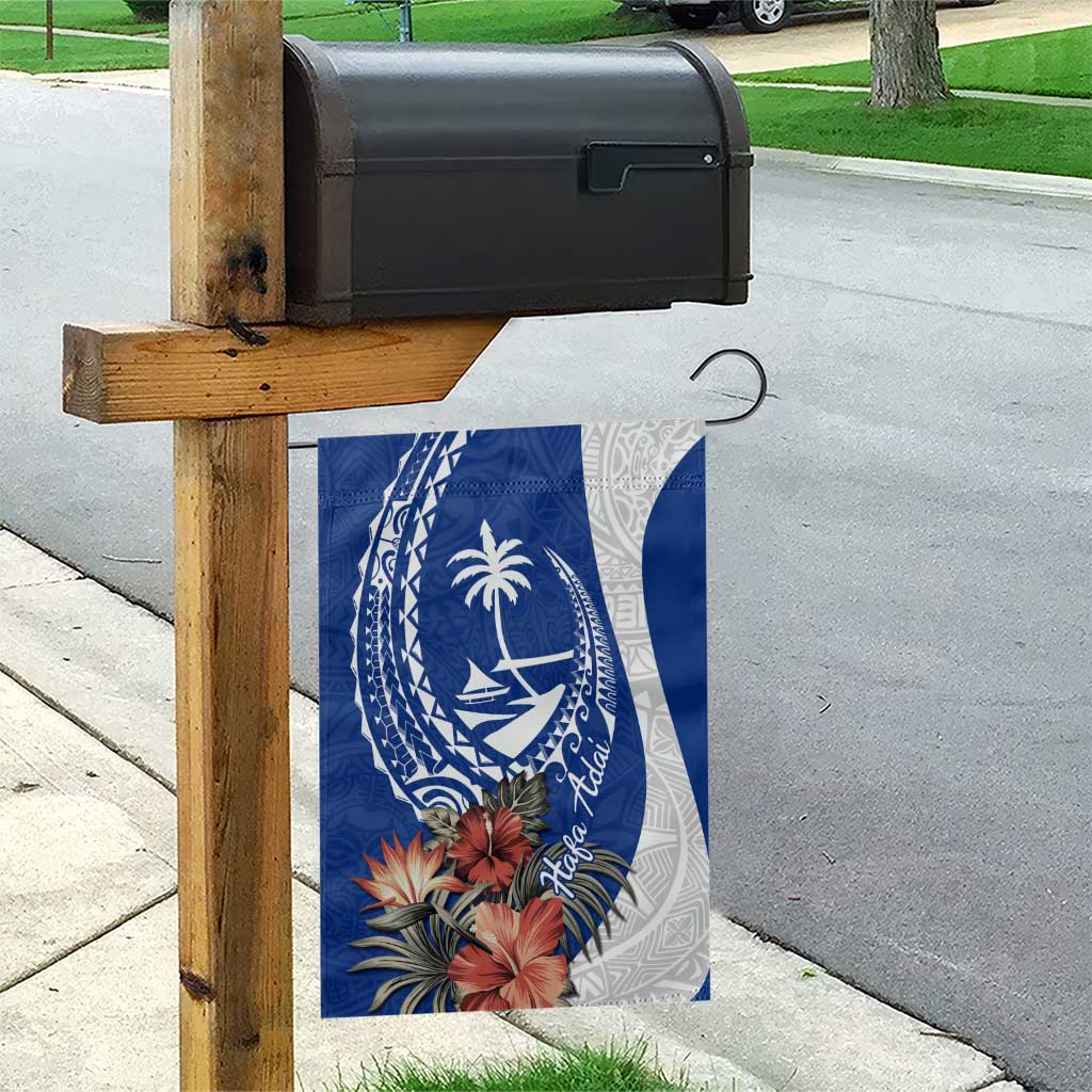 Blue Guam Hafa Adai Garden Flag Tropical Flowers with Polynesian Pattern