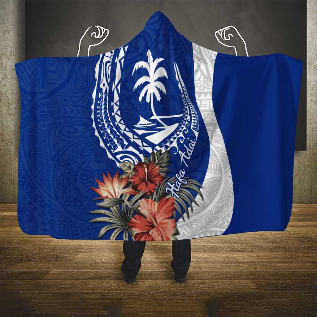 Blue Guam Hafa Adai Hooded Blanket Tropical Flowers with Polynesian Pattern