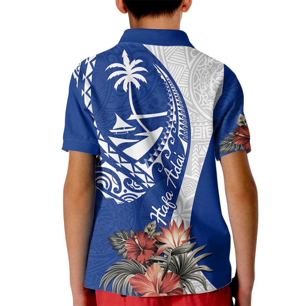 Blue Guam Hafa Adai Kid Polo Shirt Tropical Flowers with Polynesian Pattern