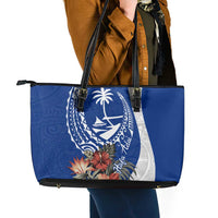 Blue Guam Hafa Adai Leather Tote Bag Tropical Flowers with Polynesian Pattern